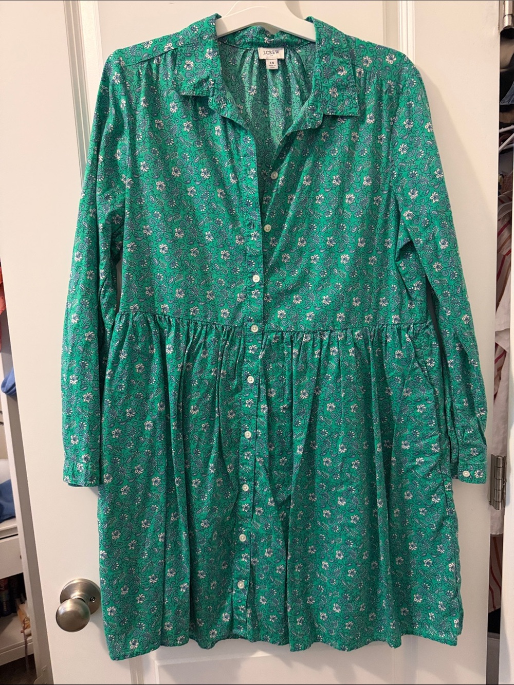 J. Crew Green Floral Button-Front Casual Dress